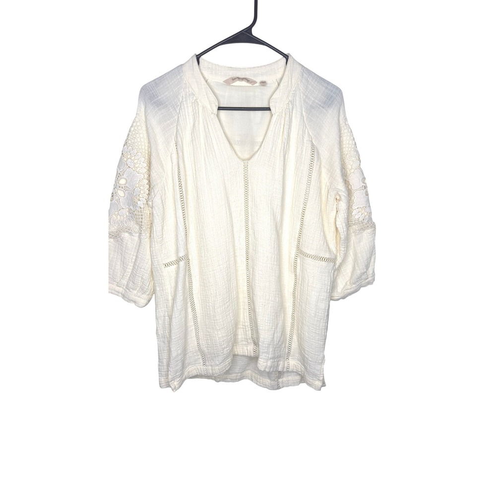 Soft Surroundings Top Cream Crochet Sleeve 3/4 Sleeve V Neck Lined M